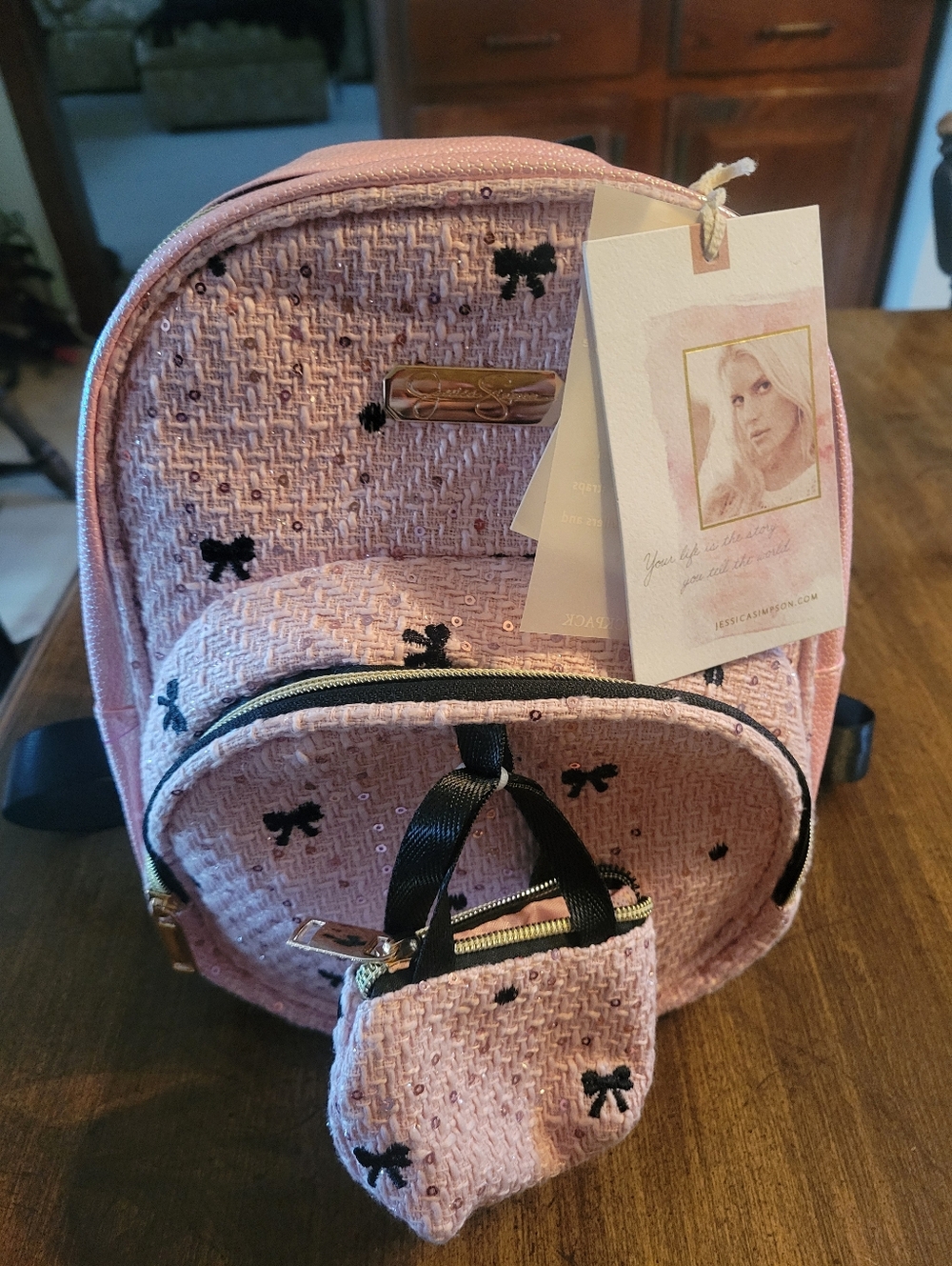 Jessica Simpson Pink Tweed Mini Backpack with Black Bow Accents